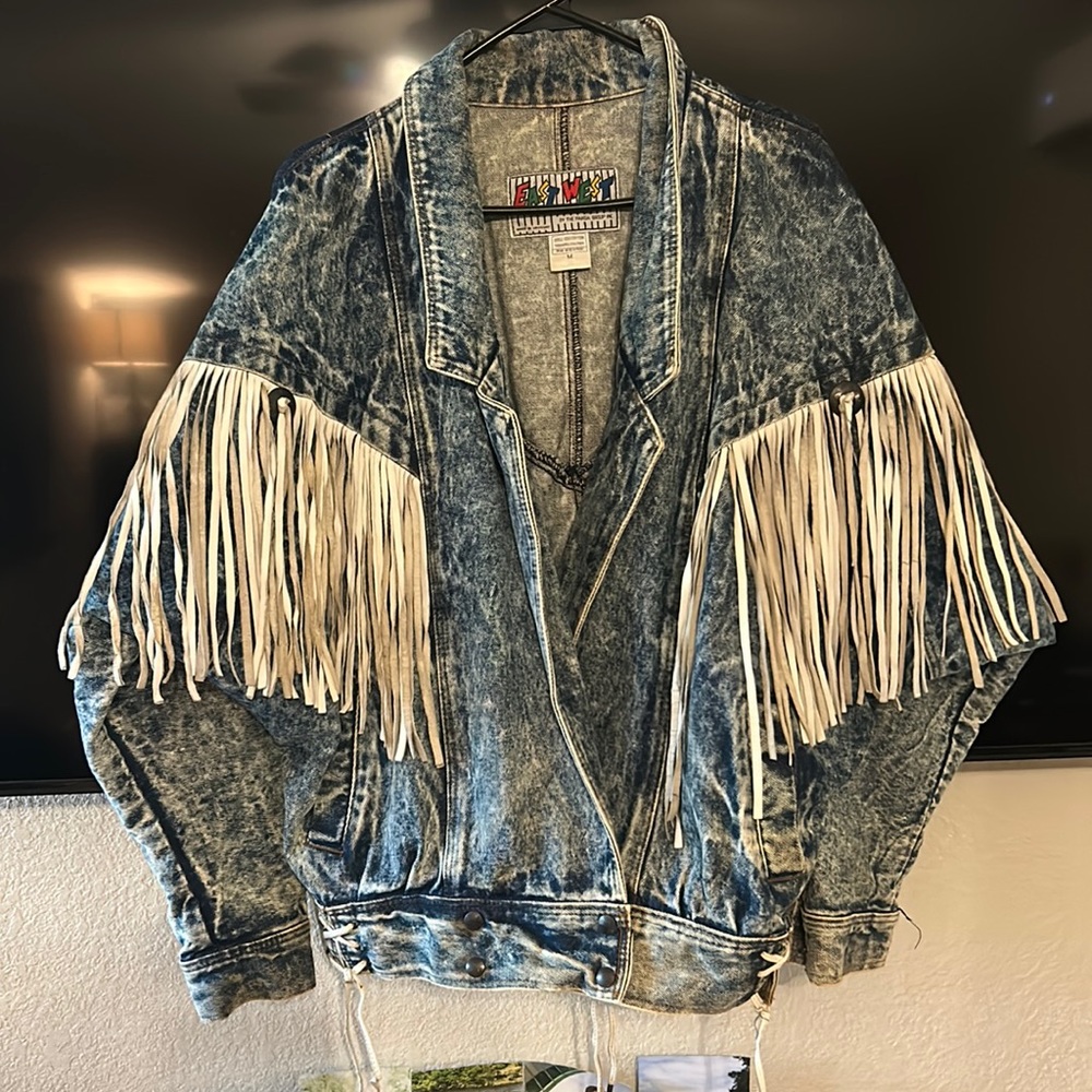 Heavy duty jean jacket with leather tassels